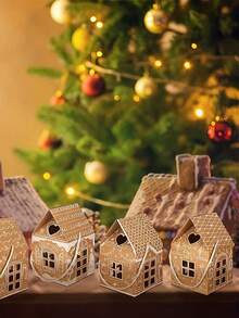 12pcs Christmas House Shaped Kraft Paper Gift Boxes With Portable Rope Handles, Vintage Christmas Print Foldable Gift Packaging Boxes, Holiday Party Favor Containers, Christmas Table Decor And Gift Wrapping Supplies - Multicolor - View 4