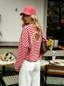 Women's Casual Sweatshirt For Spring, Autumn And Winter, Cute Casual Red Backless Design With Striped Print, Round Neck Colorblock Y2K Long Sleeve Top - Red - View 8