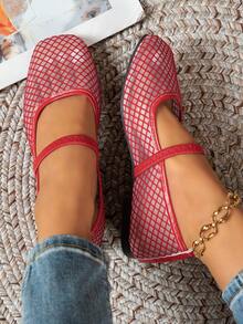 Square Toe Mesh Hollow Out Elastic Strap Mary Jane Flat Breathable Thin Ballet Style Shoes - Red - View 2