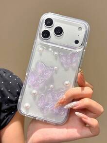 優雅珍珠雷射蝴蝶手機殼，適用於 Apple 16 Pro Max/16 Pro/16/15/15 Pro、新款 14 Pro、韓系 15 PM/14、小眾 12 PM、高級 14、創意 13 Pro、全包覆 18/18 Pro Max/18 Pro/17/17 Pro Max/17 Pro - 無色 - 查看 2