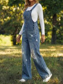 Distressed Casual Straight Leg Denim Overalls - Light Color - View 3