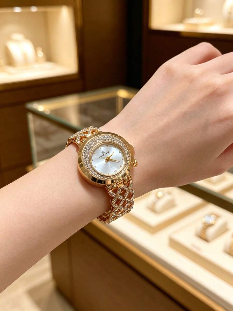 1pc Gold Women's Watch, Minimalist New Style, Rhinestone Embellished Elegant Fashion, Casual Versatile, Quartz Watch, Suitable For Daily Decoration - Gold - View 1