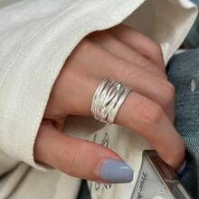三條紋戒指 女款幾何開口戒指 極簡銀色戒指 建築感可調節戒指 送給她的禮物 - 彩色 - 查看 13