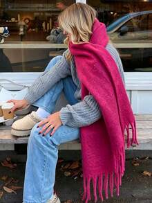 1pc Solid Color Scarf, Winter Warm Neck Protection, Thickened Wool Knitted Shawl With Chunky Tassels, Wearable - Hot Pink - View 3