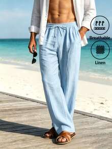 Men's Summer Linen Casual Long Pants With Drawstring Elastic Waist, Breathable Straight Leg Trousers For Beach, Vacation, Daily Wear And Commuting - Light Wash - View 1