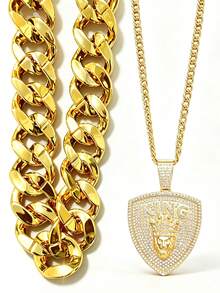 2pcs Shield KING Hip Hop Punk Necklace Exaggerated Men's Gold Chain Set, Vintage Punk Style, Suitable For Party, Gathering, Halloween, COS - Gold - View 8