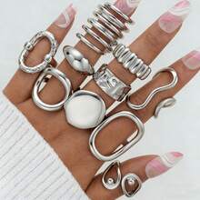 10pcs Asymmetrical Geometric Hollow Round Line Rings - Silver - View 2
