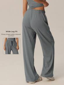 Women's Striped High Waist Drawstring Wide Leg Long Pants, Loose Straight Leg Casual Sports Home Pants - Navy Blue - View 2