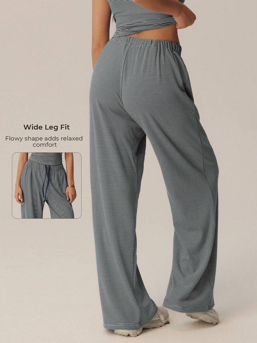 Women's Striped High Waist Drawstring Wide Leg Long Pants, Loose Straight Leg Casual Sports Home Pants - Navy Blue - View 1