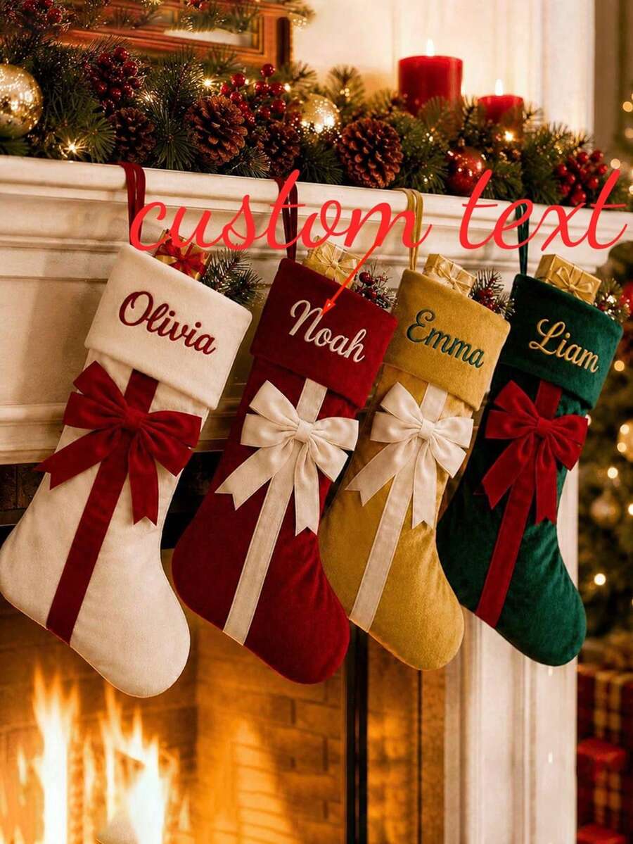 Personalized Bow Christmas Stocking, 2026 Embroidered Christmas Stocking, Velvet Christmas Stocking With Name, Christmas Gift, Family Decor