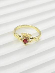1pc Vintage Royal Style 14K Gold Plated Ring, Women's Heart-Shaped Ruby Crown Hands Holding Heart Ring, Anniversary Gift, Valentine's Day, Party Date Jewelry - Gold - View 6
