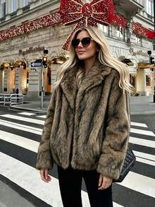 Comfortable Women's Regular Fit Faux Fur Coat, Collar Long Sleeve, Creating Elegant Winter Outfit - Brown - View 2