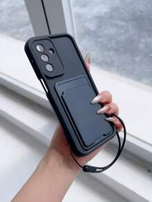 1pc Solid Color Dopamine Matte Card Holder Minimalist Clean Phone Case Compatible With IPhone 16 Pro Max - Black - View 3
