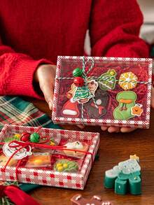2pcs Red Houndstooth Christmas Transparent Gift Box Set, Including Box And Raffia. Ideal For Christmas Gift Wrapping, Party Favors, Christmas Decorations, And Storage. Perfect For Christmas, Gift Wrapping, And Guest Favors. - Multicolor - View 5