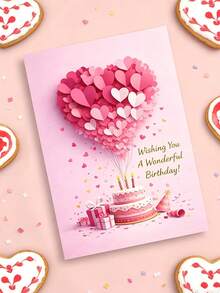 2D Exquisite Birthday Card (With Envelope), Featuring Heart-Shaped Cake And Balloon Design, Perfect As A Birthday Gift For Family And Friends. Unique Birthday Card, Delicate Aesthetic Piece, Vibrant Printed Artwork, Essential For Back To School - Multicolor - View 2