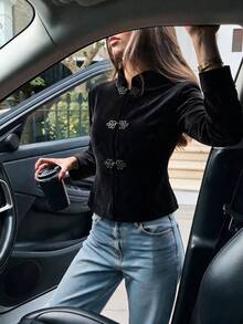 Autumn/Winter Solid Color Frog Button Stand Collar Long Sleeve Slim Fit Top And Pants Set, Tea Party Daily Commute Modern Chinese Style, Black 2-Piece Set - Black - View 2