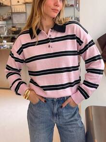 Just Masa Women's Fall Casual Cute Sweet Striped Loose Sweater Pullover,Long Sleeve POLO Collar Rib-Knit Chic Top,For Going Out,Vacation,Travel - Pink Stripes - View 1