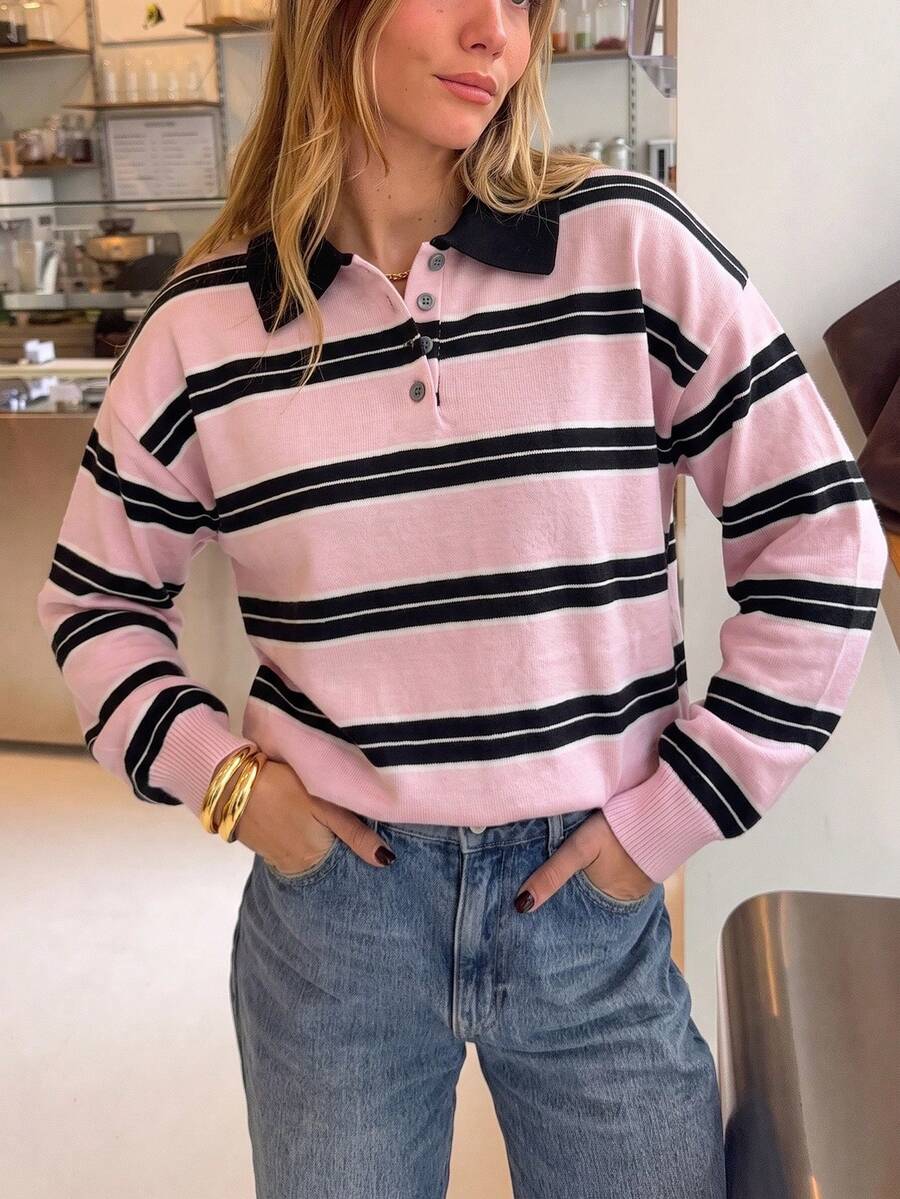 Just Masa Women's Fall Casual Cute Sweet Striped Loose Sweater Pullover,Long Sleeve POLO Collar Rib-Knit Chic Top,For Going Out,Vacation,Travel - Pink Stripes - View 1