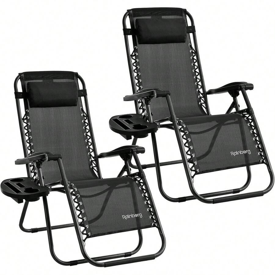 Ultra-Sturdy Gravity Chair Heavy-Duty Textoline Outdoor Sun Lounger For Garden, Pool Patio!Features Smooth 5-Position Reclining, Compact Foldable Design (Perfect For Storage Travel), Built-In Cup Holder Smart Phone Holder Plush Removable Headrest Pi - Black - View 1