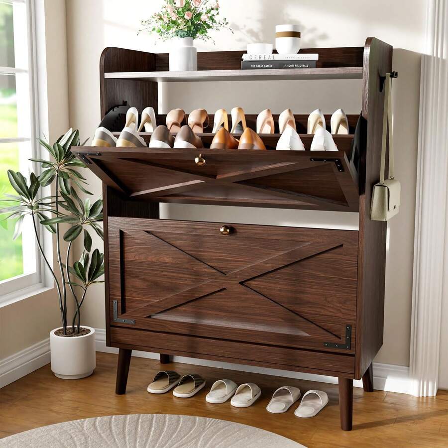 Shoe Storage Cabinet With 2 Flip Drawers Entryway Shoe Cabinet, Metal Hooks & Adjustable Shelves, Freestanding Narrow Shoe Rack For Hallway Foyer, Brown - Brown - View 1