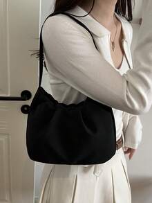 Korean Style Pleated 2026 Casual Solid Color Underarm Bag Cloud Tote Large Bag - Black - View 2