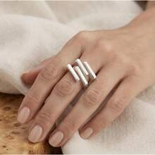 三條紋戒指 女款幾何開口戒指 極簡銀色戒指 建築感可調節戒指 送給她的禮物 - 彩色 - 查看 10