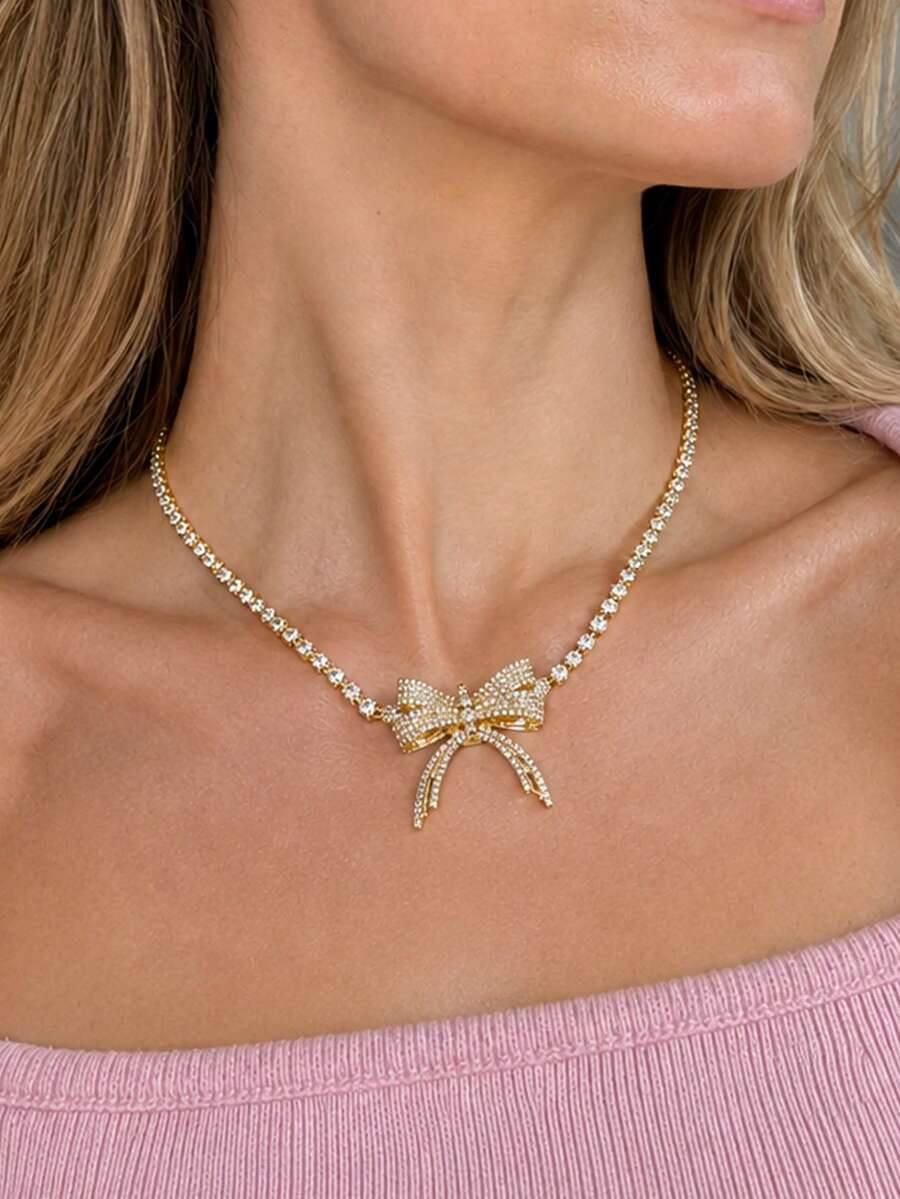 outingfit 1 buah Kalung Choker Pita Baru, Kalung Rhinestone Mewah dan Modis, Aksesori Personalisasi untuk Wanita - Emas - View 1