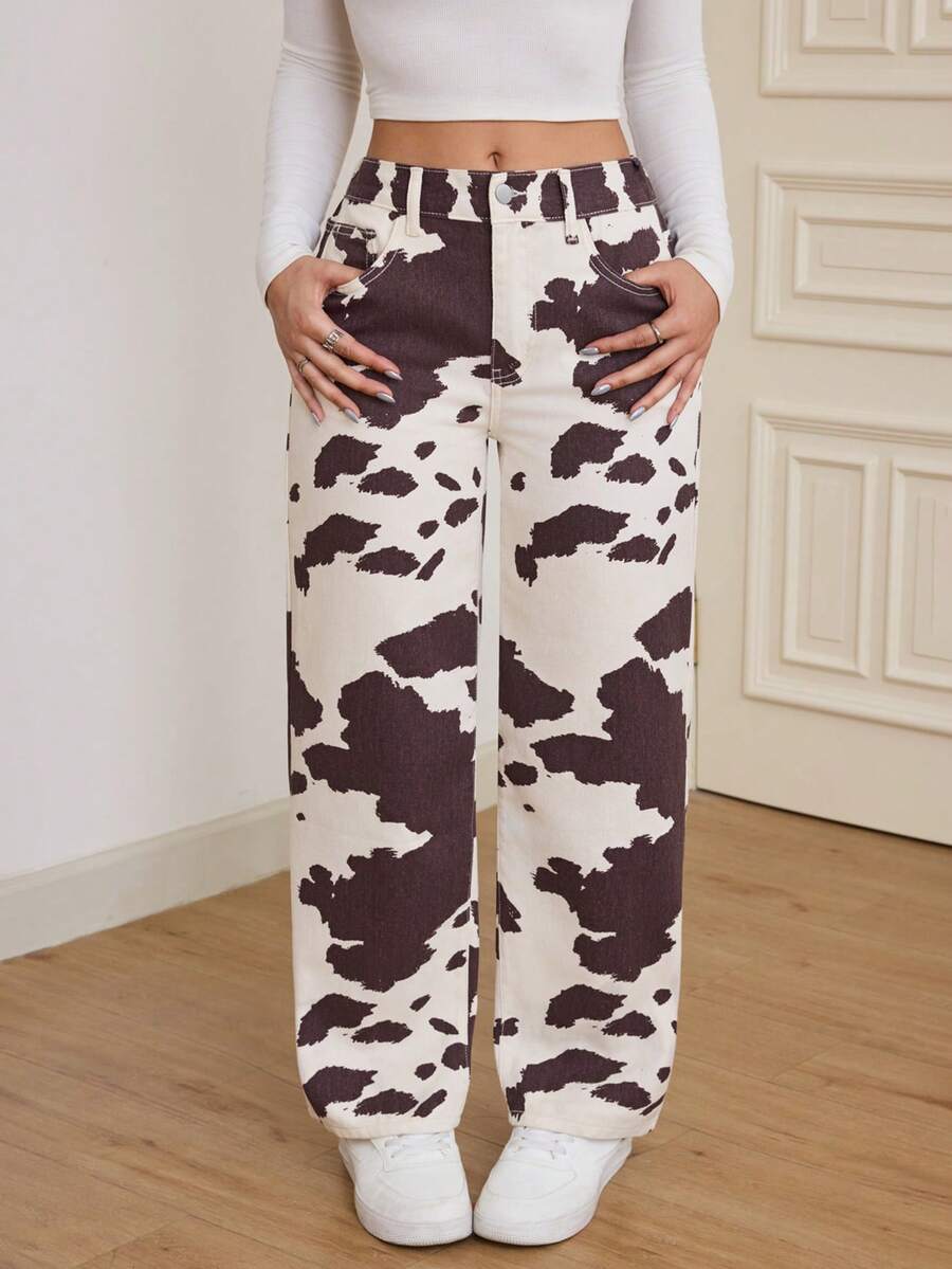 Women's Fashion Street Cow Print Casual Loose Woven Fabric Pockets Straight Leg Pants, Suitable For Daily, Vacation, Spring/Summer/Autumn/Winter - Multicolor - View 1