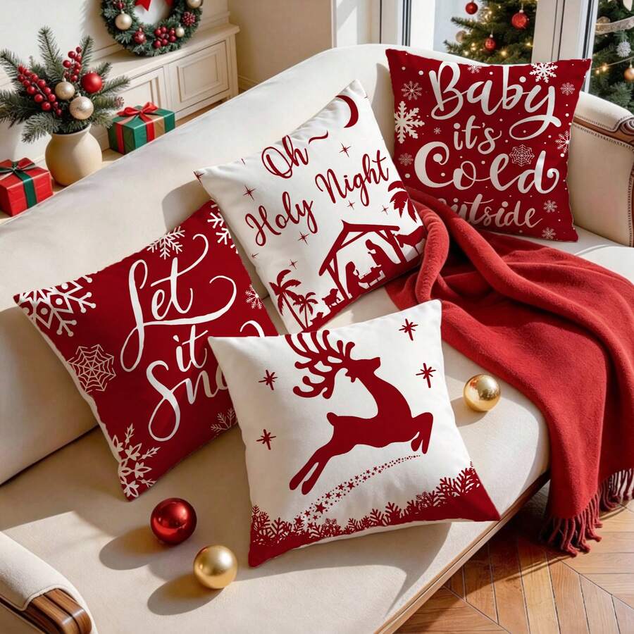 4pcs/Set Christmas Themed Printed Pillow Covers, Red And White Color Scheme, Christmas Atmosphere Decorative Cushion Covers, Suitable For Sofa, Bedroom And Other Home Decor Cushion Covers (Pillow Insert Not Included) - Multicolor - View 1