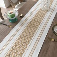 1pc Bohemian Style Hollow Table Runner With Dual-Color Tassel Fringe, Suitable For Wedding, Restaurant, Living Room, Family Gathering, Party, Dinner Table Decoration, Washable And Reusable - Khaki - View 8