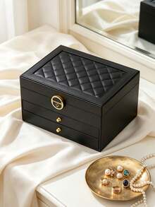1pc Large Capacity Diamond Drawer Jewelry Box, White Green Color Block Black Optional, Top Layer Necklace Hooks Ring Slots Earring Board, Bottom Layer Drawer Compartments, Lockable Dust-Proof, Vanity Storage Watch Slot, Anti-Oxidation, Necklace Hooks, Home Use Zipper - Multicolor - View 12