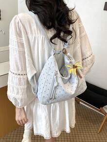 2026新款女款單肩包，小眾設計，大容量，通勤休閒百搭極簡時尚斜挎包，PU紋理波點設計，拼色設計，舒適面料，拉鍊開合手提包，後背包，舒適手提，多個拉鍊口袋，側內袋，大空間容量，附吊飾秋季托特包 - 藍色 - 查看 4