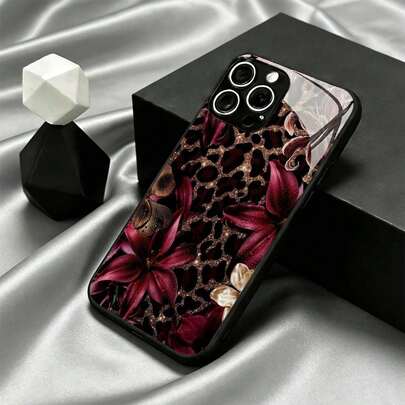 Sleek Glass Phone Case Glossy Finish Deep Red Floral Leopard Print For IPhone 18 Pro Max/17 Pro/16 Pro/15/14/13/12/11 Pro Max/Pro,  S26 Ultra/S25 Plus/S24 Ultra, Gift Idea Minimalist Vintage Protective Back Cover Thoughtful Gift