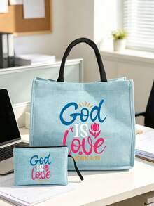 「God Is Love」主題印花女款托特包套組，基督教宗教帆布包附拉鍊，大容量沙灘包與化妝包，時尚單肩包手提包，適合旅行、購物與日常使用，適合基督徒、信仰愛好者與宗教女性，理想的節日禮物與生日禮物 - 彩色 - 查看 3