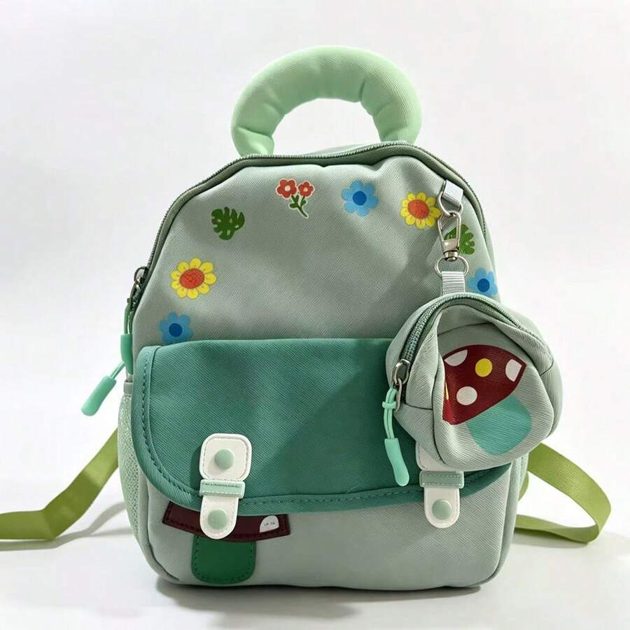New College Style Backpack, Decorated With Small Mushroom Pattern, Unisex, Lightweight And Minimalist, Suitable For Campus Use Or Travel.