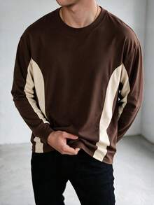 ZYNTH BALENO Men's Fashion Patchwork Loose Drop Shoulder Crew Neck Long Sleeve T-Shirt, Suitable For Gym, Sports, Running, Hiking - Brown - View 6