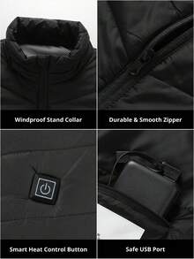 CAMEL CROWN Unisex USB Heated Vest 3 Heating Zones Adjustable Temperature Thermal Sleeveless Waistcoat Outdoor Warm Heating Vest Power Bank Not Included - Black - View 4
