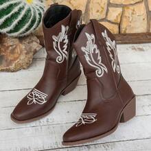 Women's Chunky Heel Pointed Toe Classic Fashion Western Boots With Embroidered Pattern For Outdoor Horse Riding - Brown - View 1