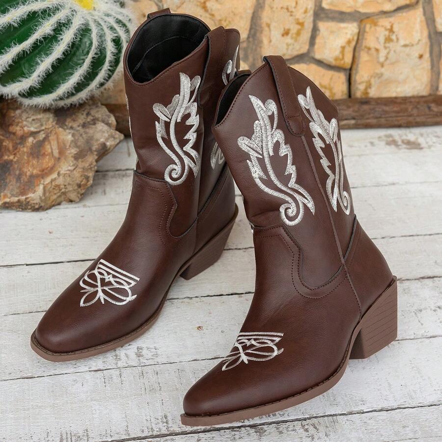 Women's Chunky Heel Pointed Toe Classic Fashion Western Boots With Embroidered Pattern For Outdoor Horse Riding - Brown - View 1