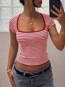 2026 Spring/Summer Striped Casual Versatile Elegant Square Neck Contrast Color Raglan Sleeve T-Shirt, Suitable For Office, Party, Travel And Multiple Occasions Red - Red - View 8