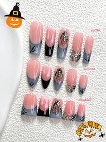 萬聖節主題 10 件組哥德風手工穿戴甲，Polygel 美甲套組，蜘蛛網、爪子、鬼頭圖案，藍黑配色，酷感風格，3 種尺寸可選，杏仁形、鴨嘴形、棺材形，適合派對、舞會、日常配戴（手工細節可能有所不同） - 彩色 - 查看 1