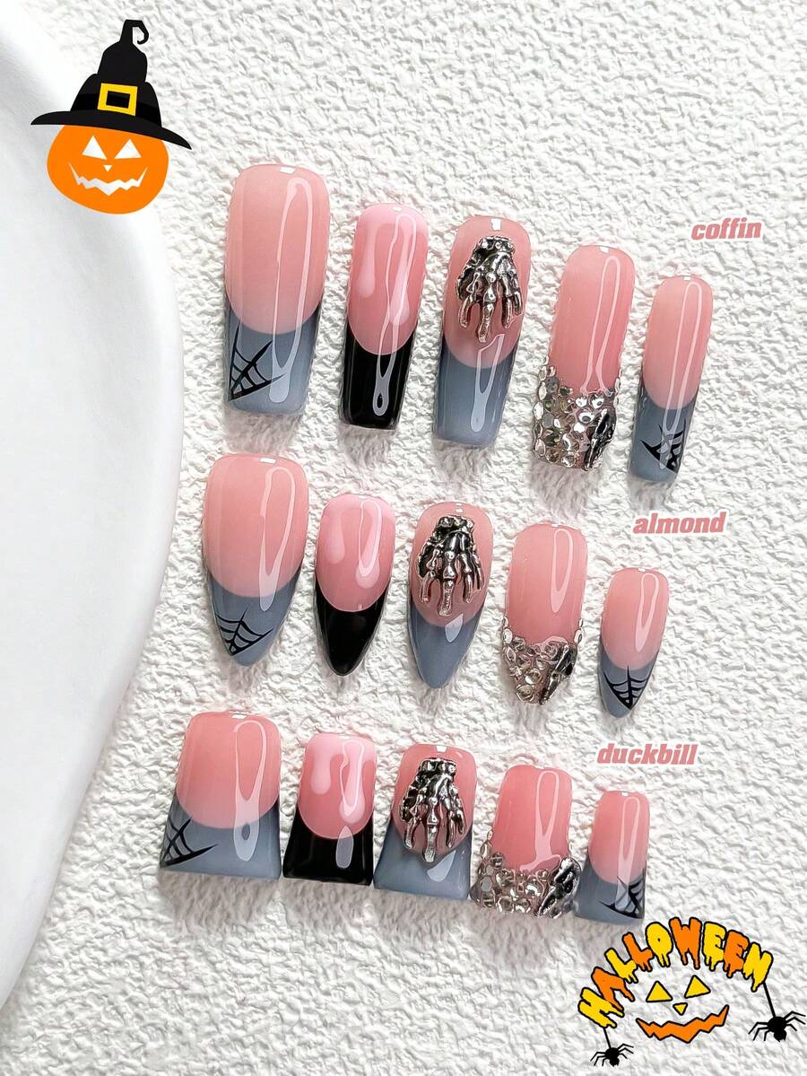 萬聖節主題 10 件組哥德風手工穿戴甲，Polygel 美甲套組，蜘蛛網、爪子、鬼頭圖案，藍黑配色，酷感風格，3 種尺寸可選，杏仁形、鴨嘴形、棺材形，適合派對、舞會、日常配戴（手工細節可能有所不同） - 彩色 - 查看 1