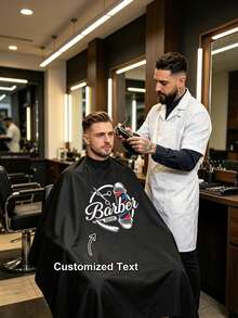 Customized Barber Apron, Customized Barber Cape, Personalized Barber Cape With Logo, Printable Barber Shop Logo Pattern And Text, Professional Durable Lightweight Breathable Neutral Home Salon Apron, Customized Barber Shop Home Salon Client Cape - Multicolor - View 1