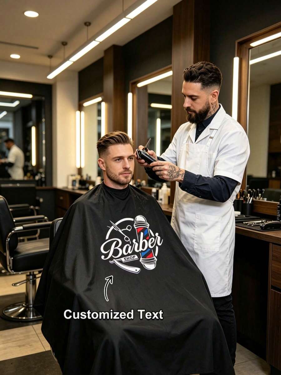 Customized Barber Apron, Customized Barber Cape, Personalized Barber Cape With Logo, Printable Barber Shop Logo Pattern And Text, Professional Durable Lightweight Breathable Neutral Home Salon Apron, Customized Barber Shop Home Salon Client Cape - Multicolor - View 1