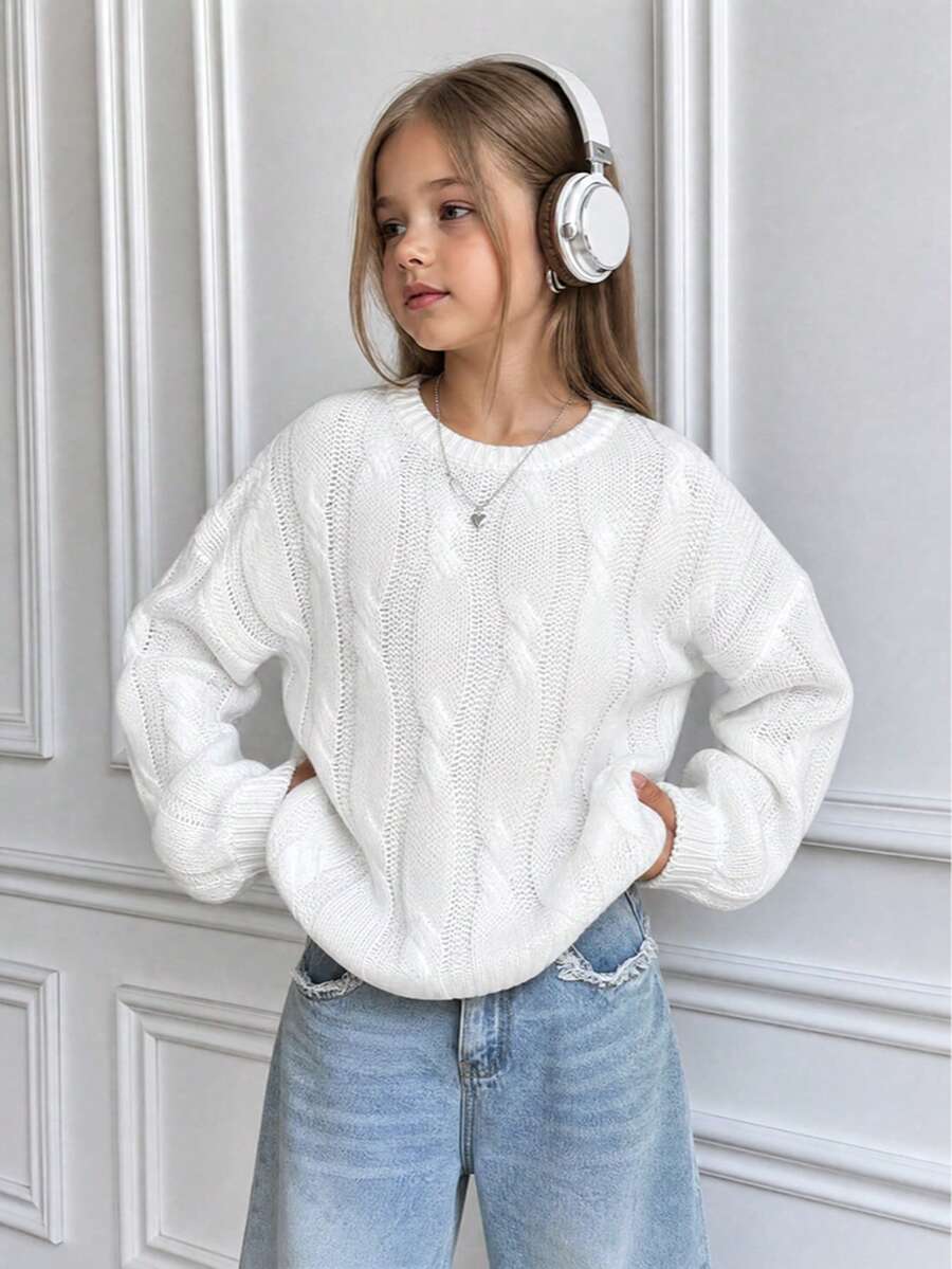 1 buah Sweater Rajut Tebal Leher Bulat untuk Anak Perempuan, Lengan Panjang Longgar Model Lentera, Manset Bergaris, Gaya Serbaguna yang Lembut dan Cocok untuk Semua Pakaian - Putih - View 1