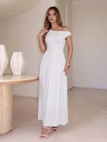 PARTHEA Elegant White Off‑Shoulder Maxi Dress, Ruched Waist High Waist A‑Line Flowy Long Dress For Wedding Party - White - View 7