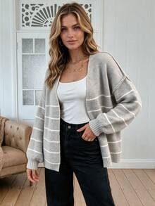 Women's Lazy Elegant Light Gray Autumn/Winter Striped V-Neck Knit Cardigan, Loose Drop Shoulder Long Sleeve Buttonless Sweater Jacket, Soft Skin-Friendly Fabric, Daily Commute And Outing Outfit - Khaki - View 4