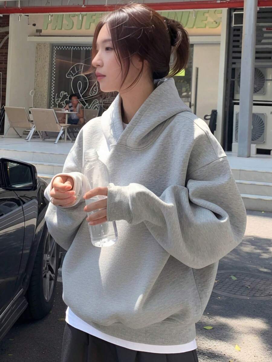 Korean Style Relaxed Fit Light Gray Plain Hooded Sweatshirt, Women's Spring/Autumn Loose Long Drop Shoulder Top, Minimalist Niche Casual Lazy Pullover - Light Grey - View 1