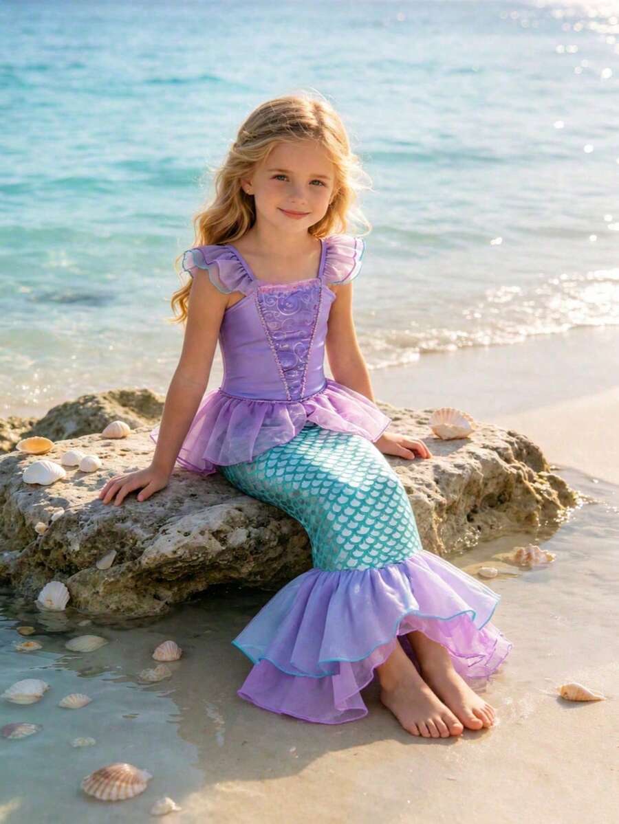 Young Girls Cap Sleeve Mermaid Tail Cute Dress, Suitable For Outings, Carnivals, Parties, Birthdays, Eid, Purim And Other Major Festivals - Mauve Purple - View 1
