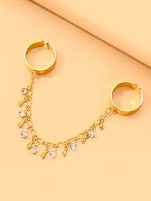 Ins Vintage Style Open Wide Ring Connected Bracelet Ring With Multiple Dangles, Rhinestones And Gold Beads, One-Piece Double Finger Ring - Pendants - View 4